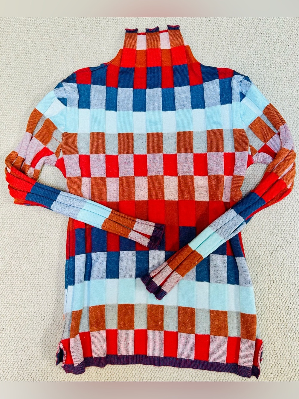 Women’s textural check colorful turtleneck sweater S very stretchy, comfy Retro